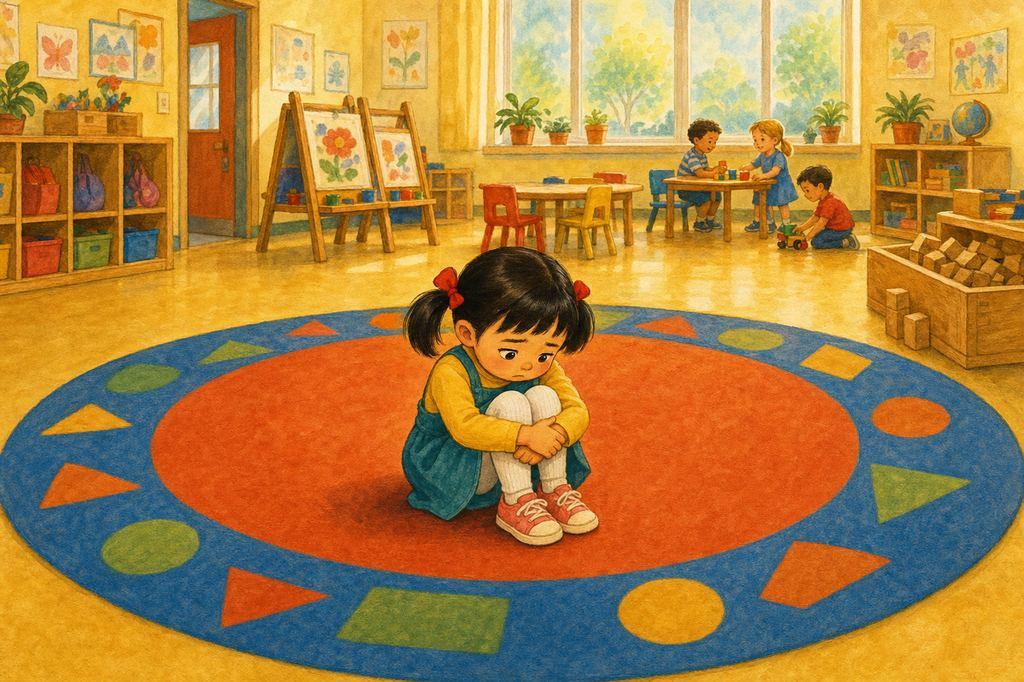 JiaLin sits alone on the classroom rug hugging her knees while other children play behind her