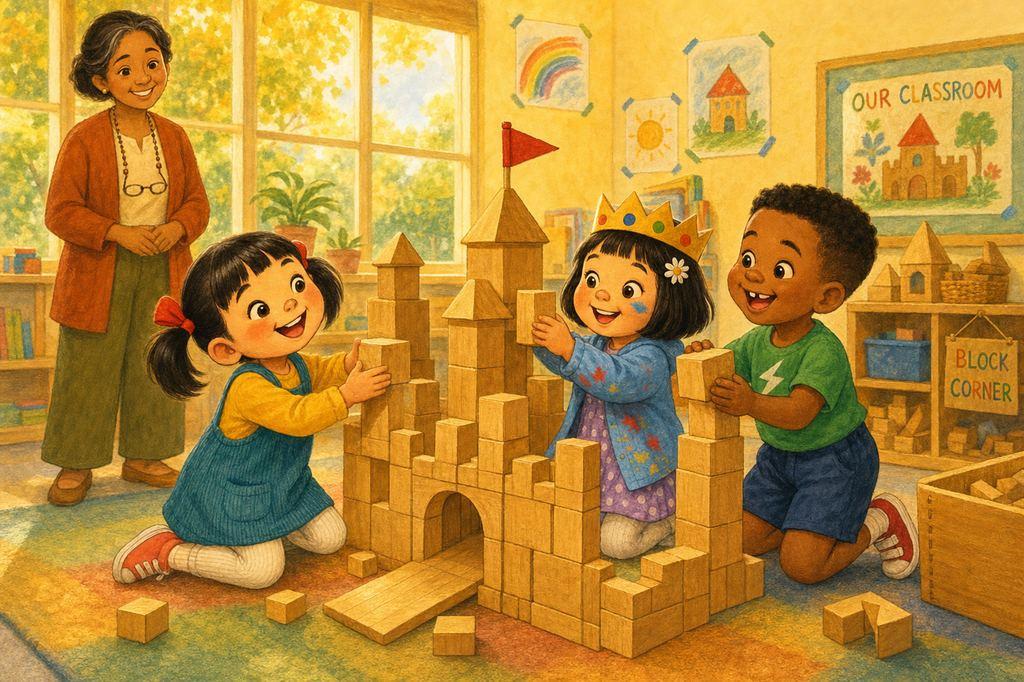 JiaLin, Nichole, and Theo build the castle even higher together while the teacher watches