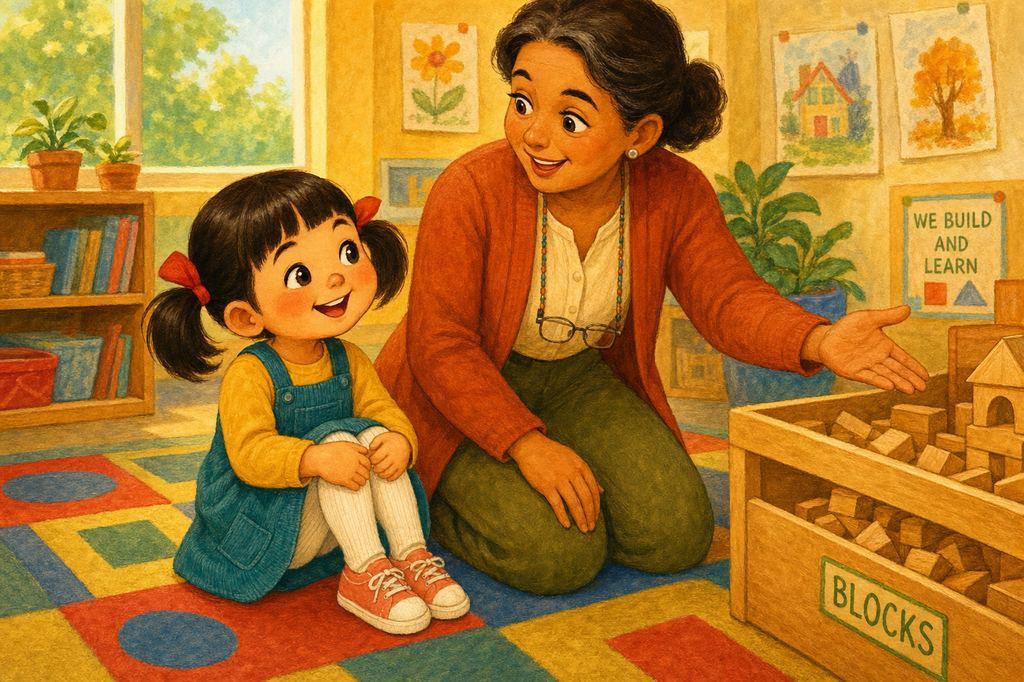 JiaLin brightens as her teacher says it’s okay to feel sad — and it’s still your day — gesturing toward the block corner