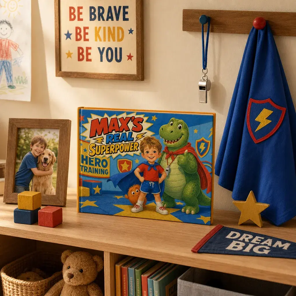 A finished PlotJoys hardcover on a shelf beside a toy cape, wooden blocks and a framed family photo
