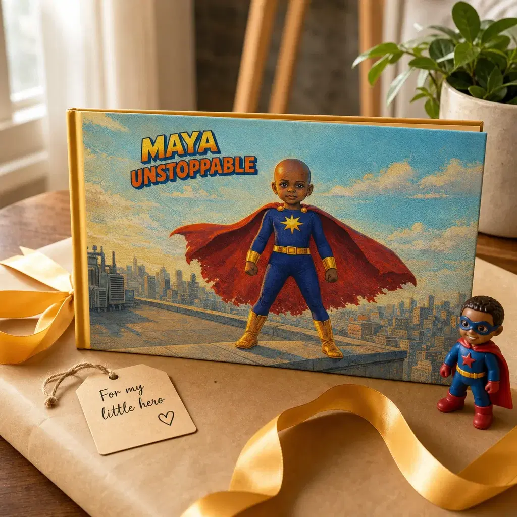 A PlotJoys hardcover on a table with a ribbon and a gift tag reading “For my little hero”