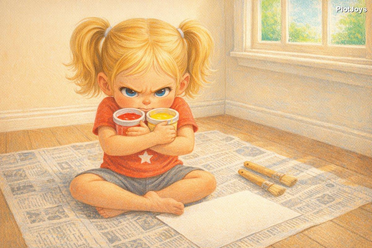 Ava clutching red and yellow paint pots, declaring them hers