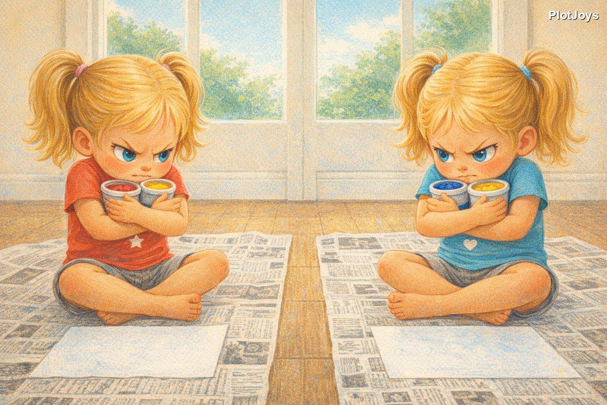 Zoe holding blue and yellow paint pots tightly