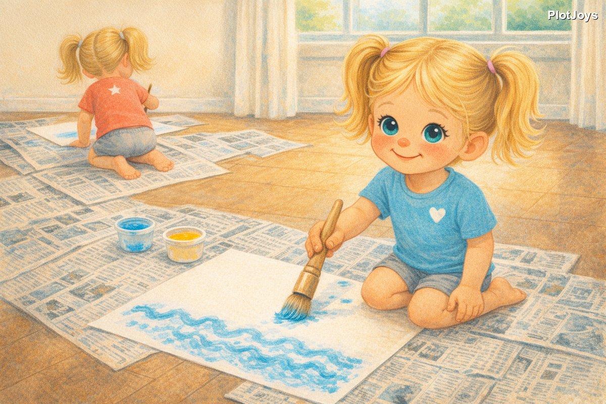 Zoe painting ocean waves with blue paint