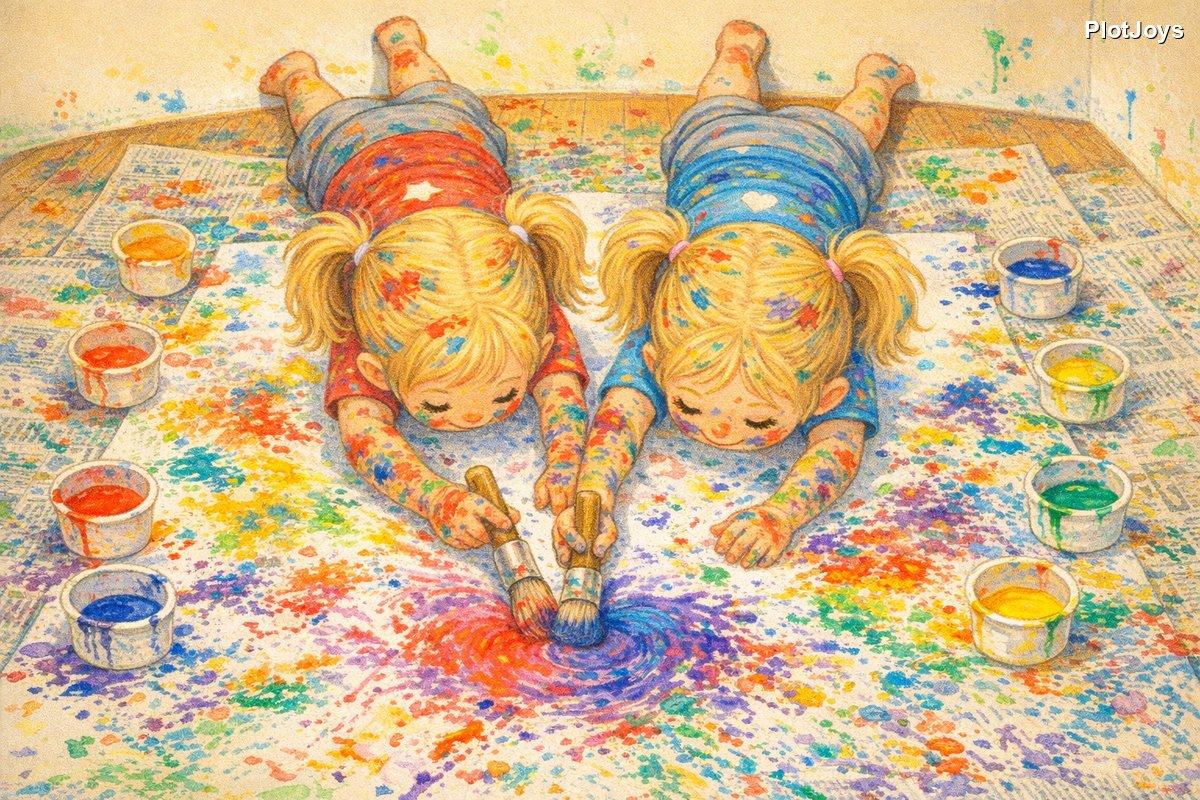 Ava and Zoe mixing red and blue together eagerly