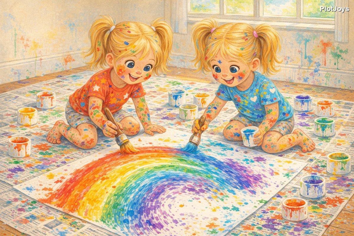Ava and Zoe painting side by side, a rainbow mural growing