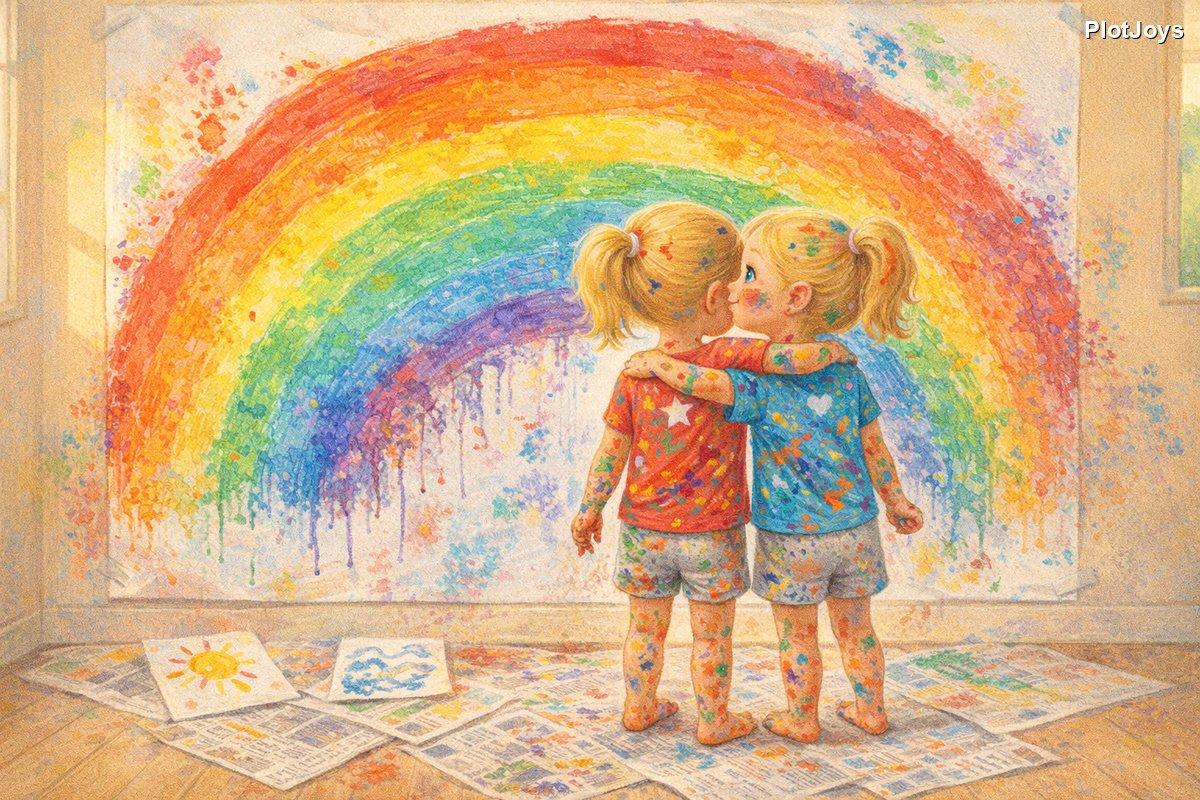 The twins stepping back to admire their enormous rainbow mural