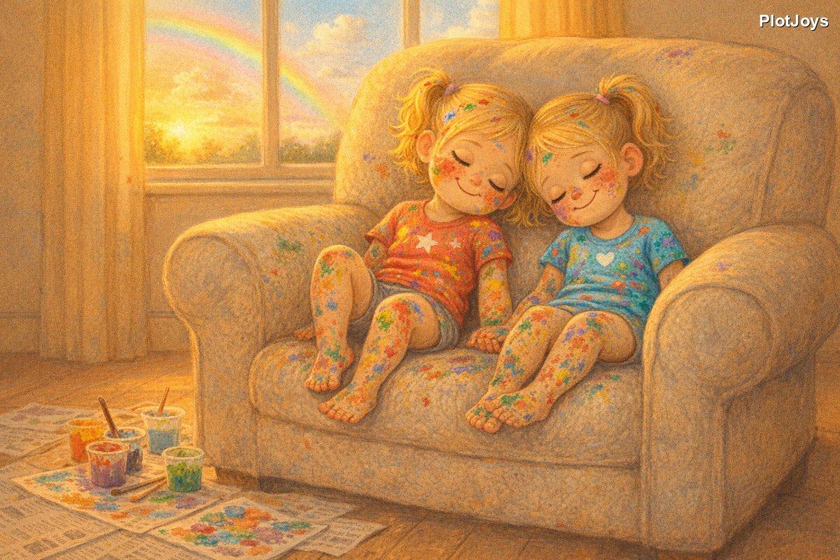 Ava and Zoe hugging with paint-covered hands, smiling