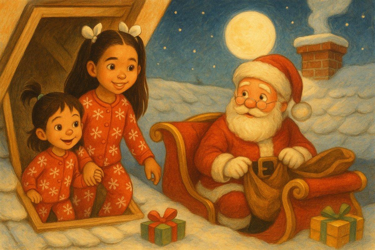 The sisters tiptoeing upstairs to find Santa on the snowy roof