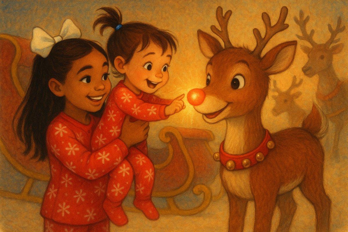 The sisters meeting Rudolph, Meadow lifting Melody up to pat his glowing nose