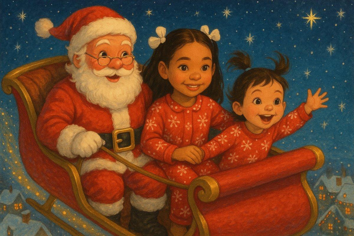 The sleigh soaring through starry sky and glittering snowflakes