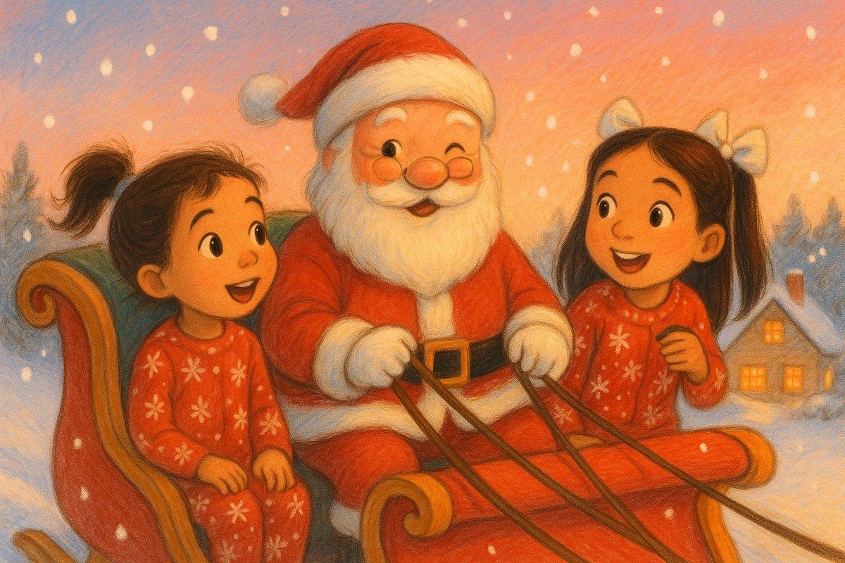 Gentle snow falling as Santa winks about one last stop