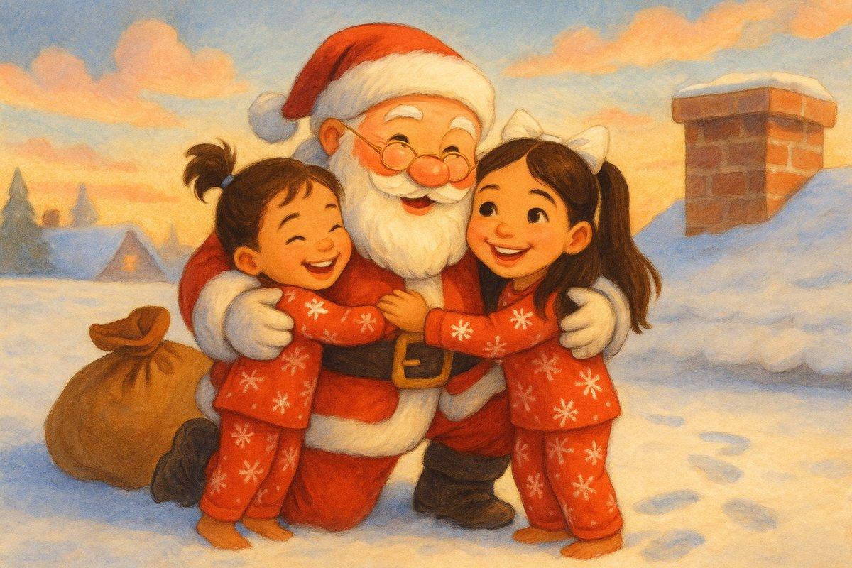 Santa hugging both sisters on their rooftop