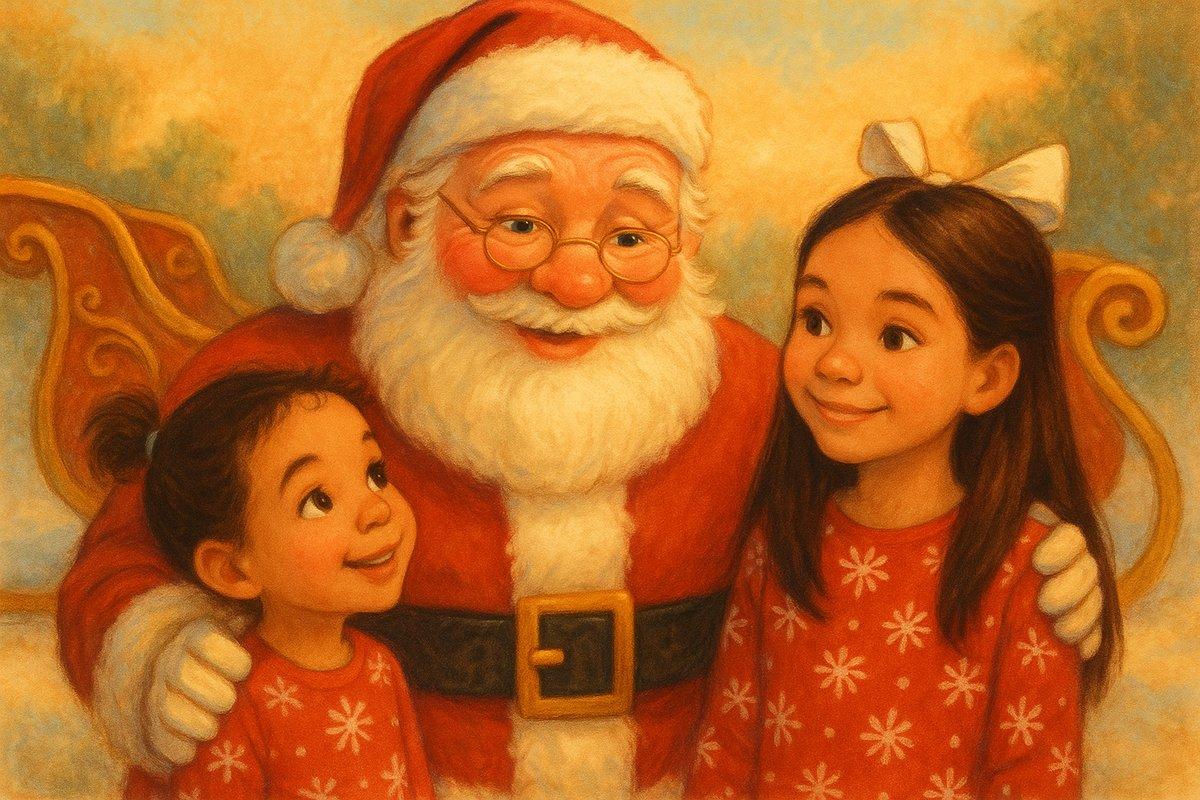 Santa praising each sister's unique strengths, eyes twinkling
