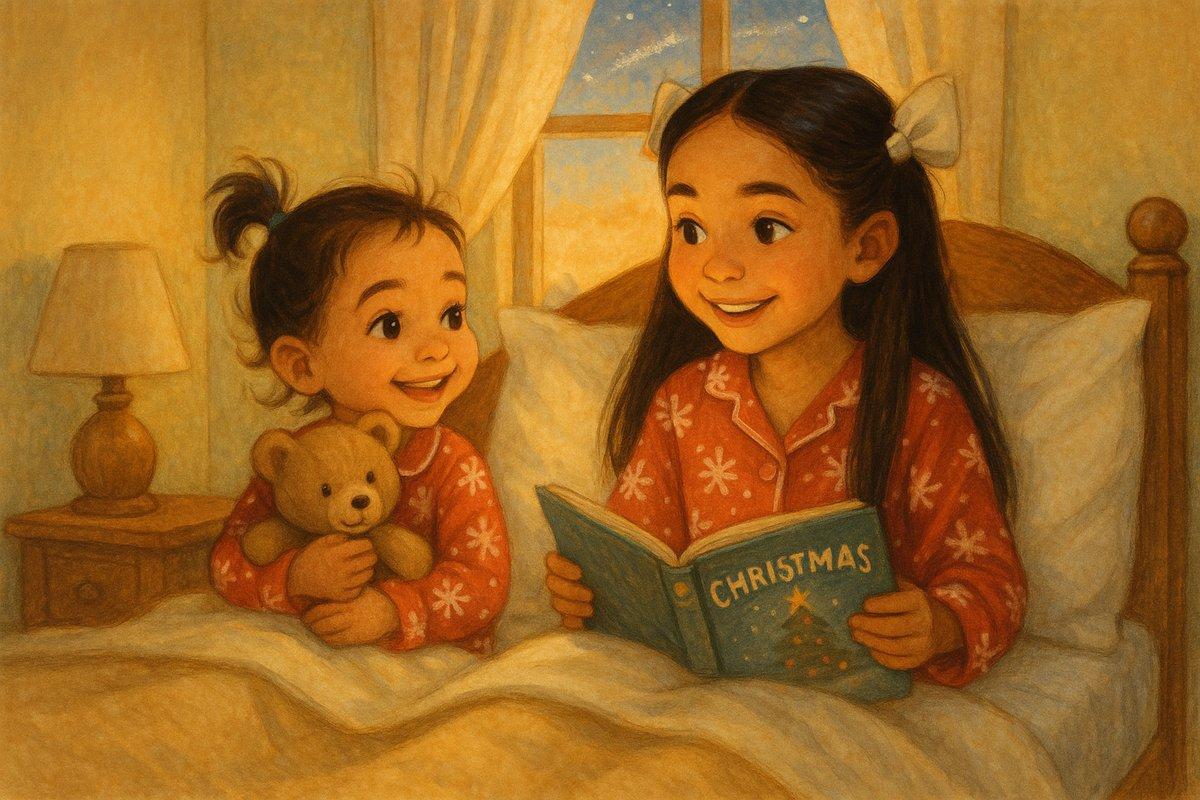 Sisters snuggled in cozy beds whispering about their adventure