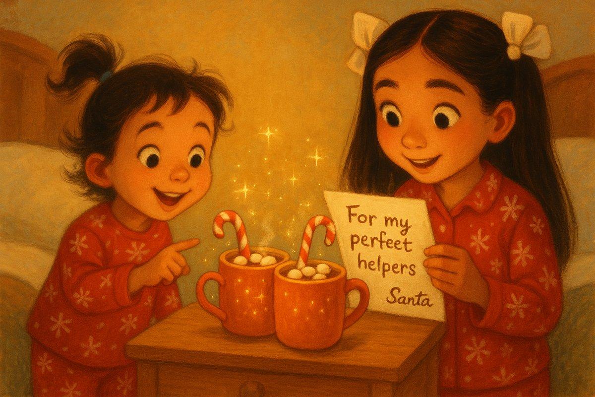 Two mugs of cocoa and a note from Santa on the nightstand