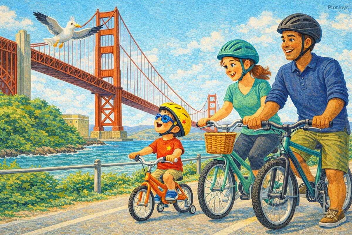 Ethan biking along a sunny San Francisco path