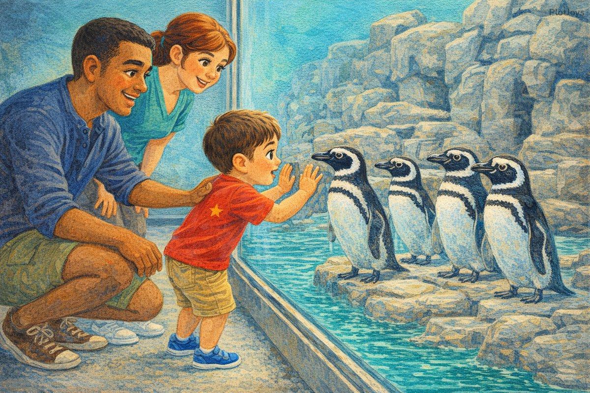 Ethan pressing his face to the glass, waving at penguins