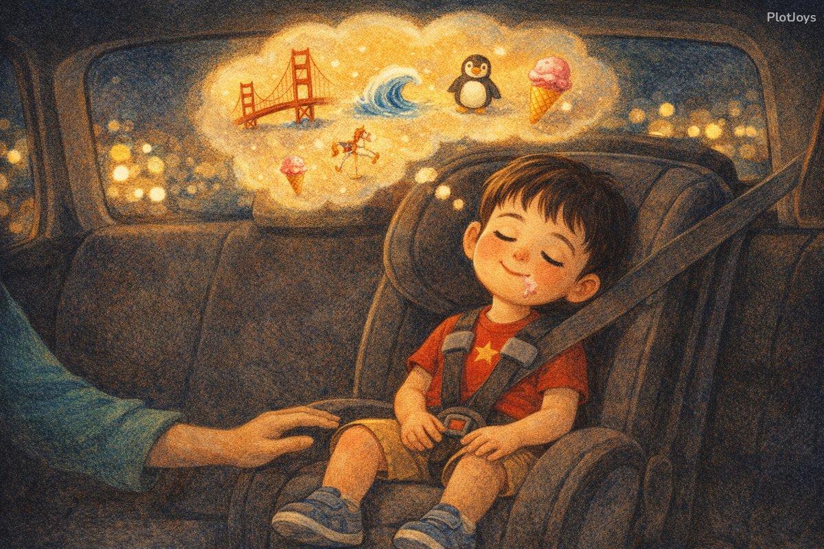 Ethan asleep in the car, dreaming about next Saturday