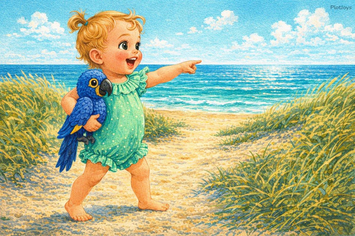 Isla walking down a sunny beach path with Duke the stuffed macaw