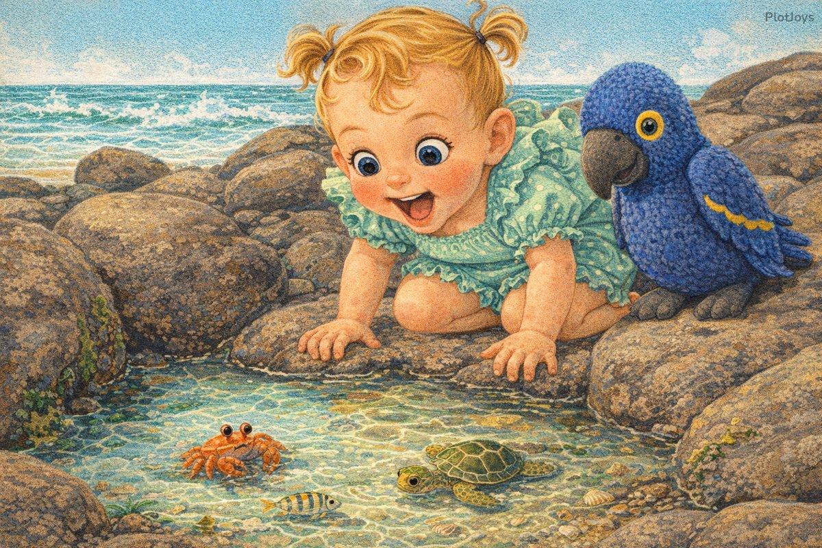 Isla kneeling at a bright tide pool, discovering baby sea creatures