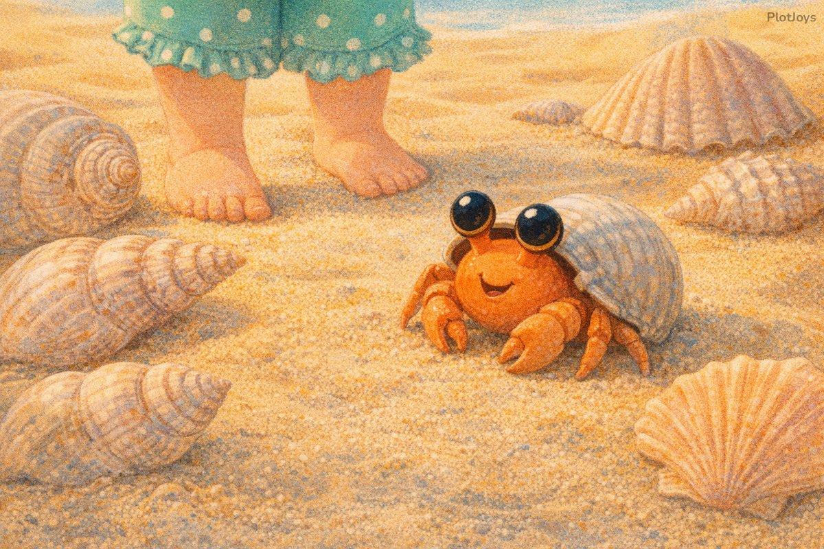 A tiny baby crab named Coral inside a small shell on the sand