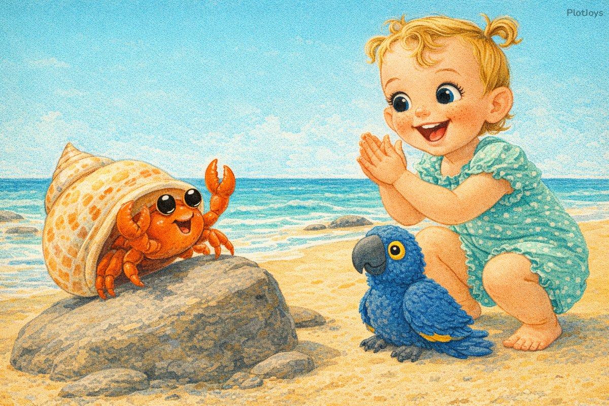 Coral the crab in a bigger shell, Isla clapping with delight