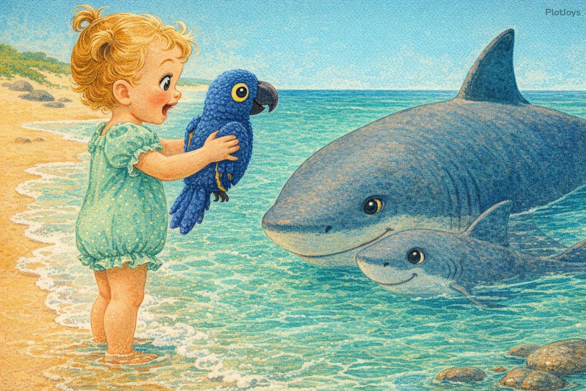 Isla standing ankle-deep in surf, spotting a baby shark with its mama