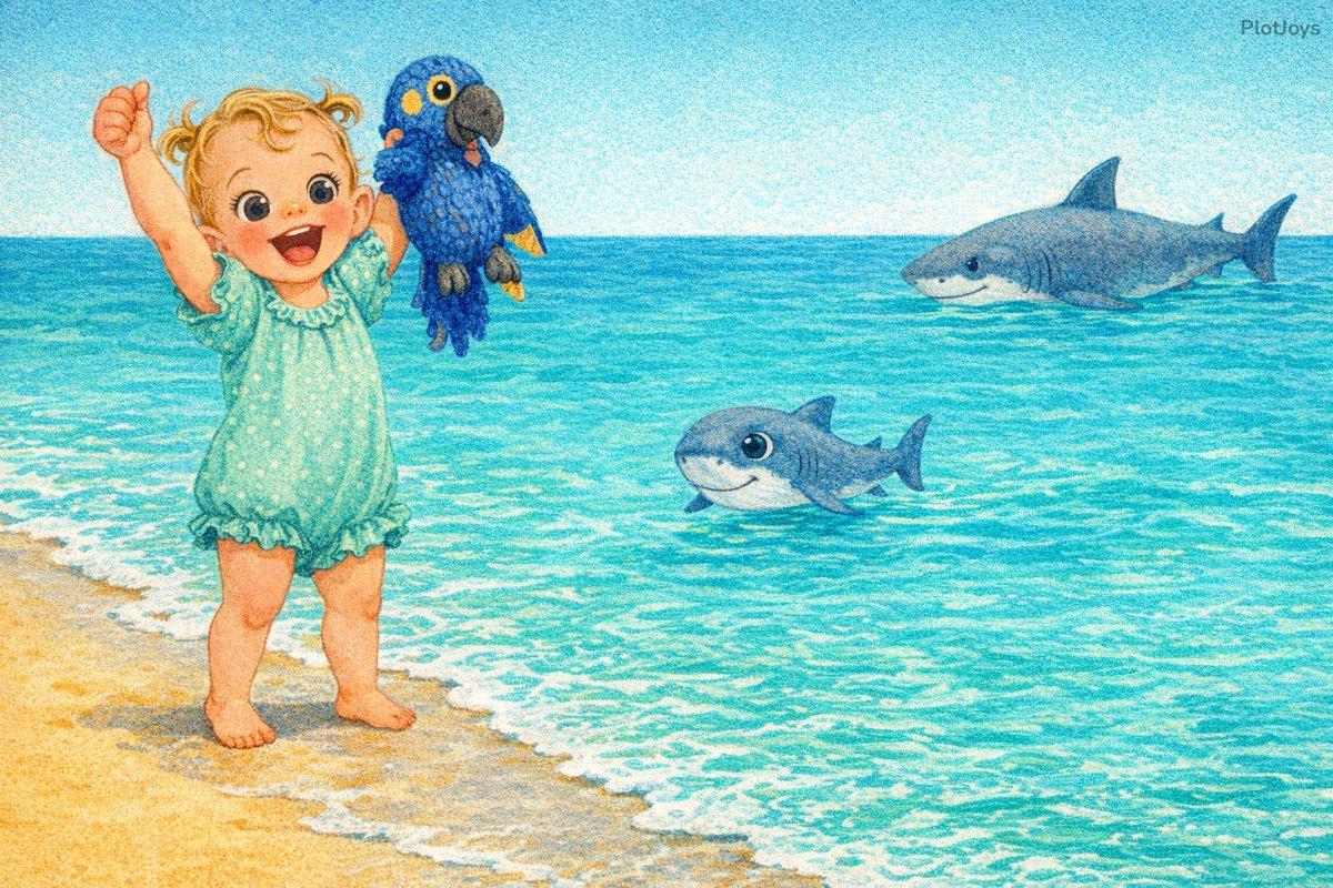 Baby shark swimming alone bravely, Isla cheering from shore