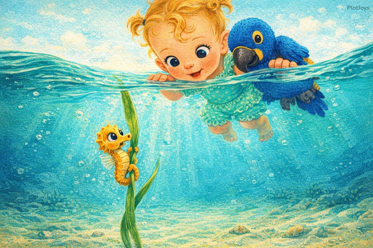 A tiny golden seahorse holding onto seagrass underwater