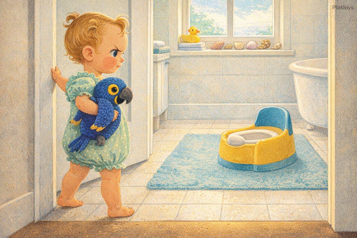 Isla standing determined in a bathroom doorway, looking at her potty