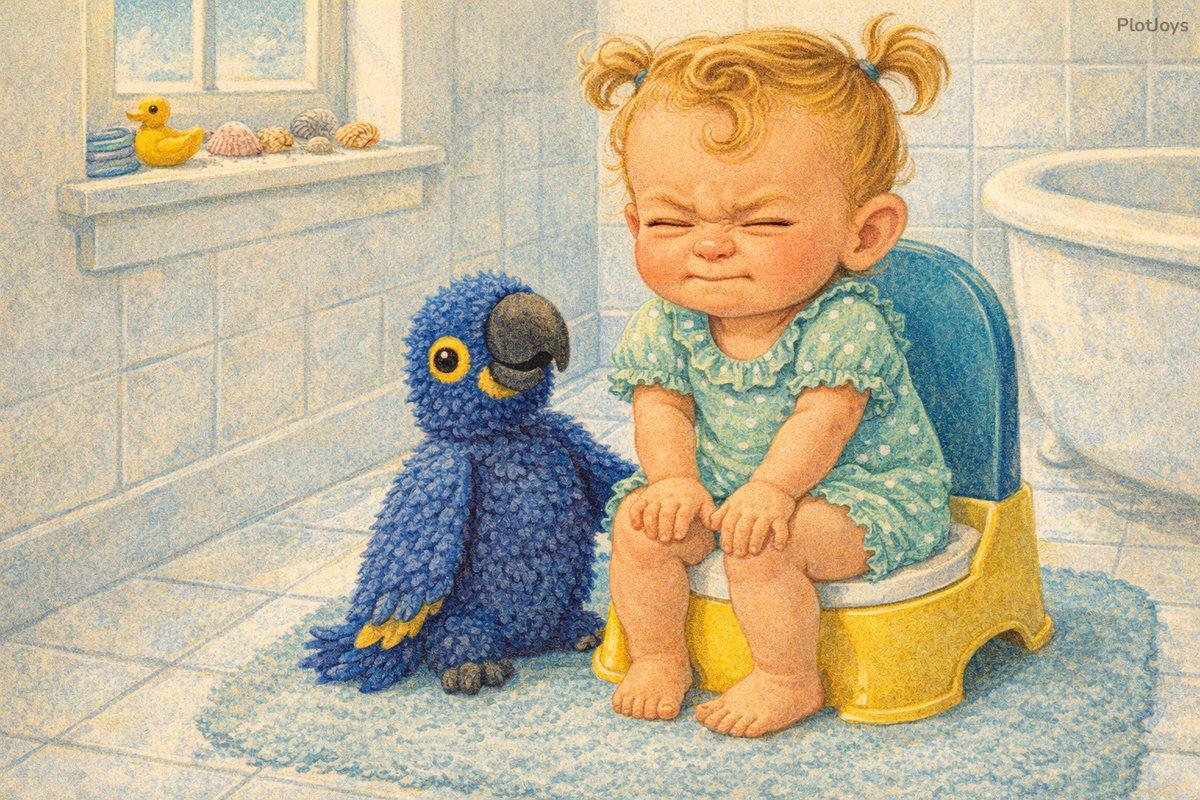 Isla sitting on the potty with Duke beside her, concentrating