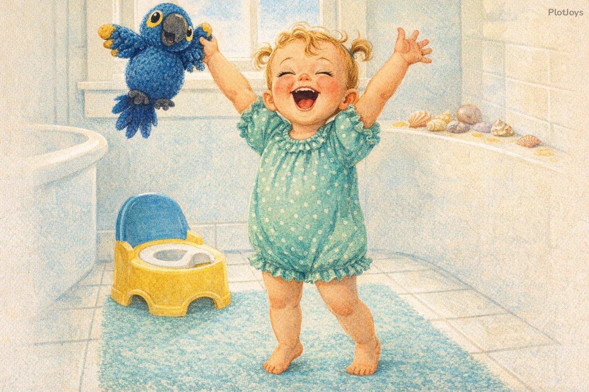 Isla leaping off the potty in triumph, arms thrown high — BIG SPLASH!