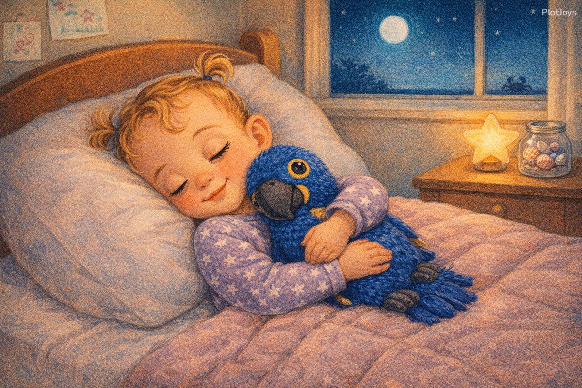 Isla curled in bed with Duke, seashells on the nightstand, moonlit ocean through the window