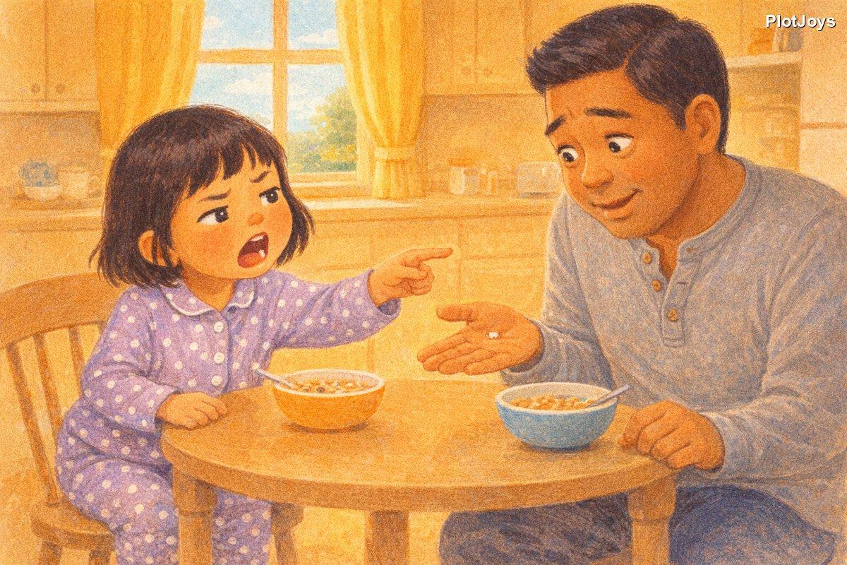 Dad at breakfast holding something small — her tooth — JiaLin confused