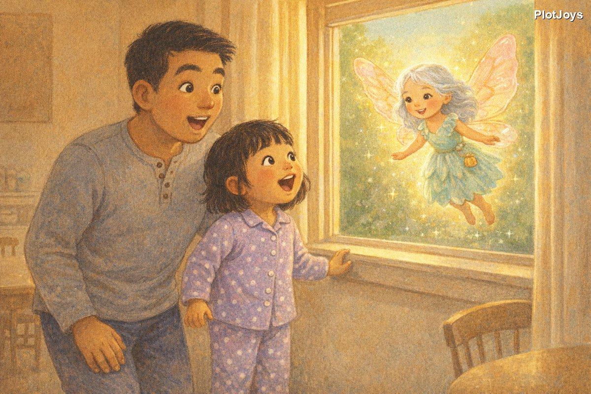 A sparkle at the window, a tiny tooth fairy figure appearing