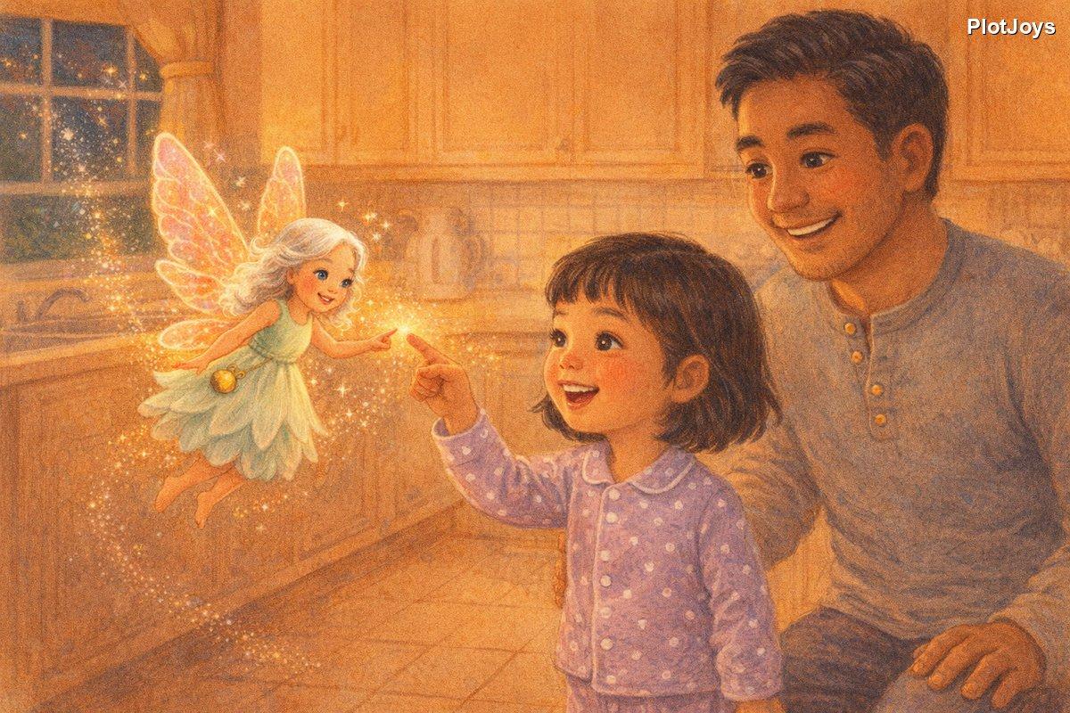 The tooth fairy flying closer, wings making a sound like tiny bells