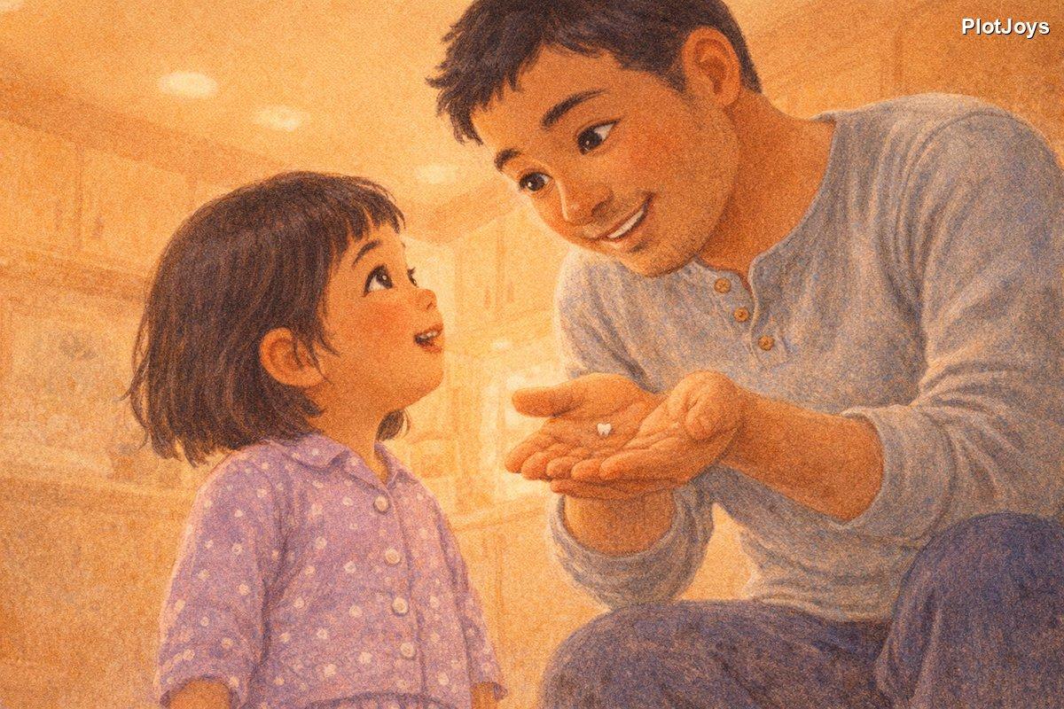 JiaLin looking at Dad, at the tiny tooth in his big hands