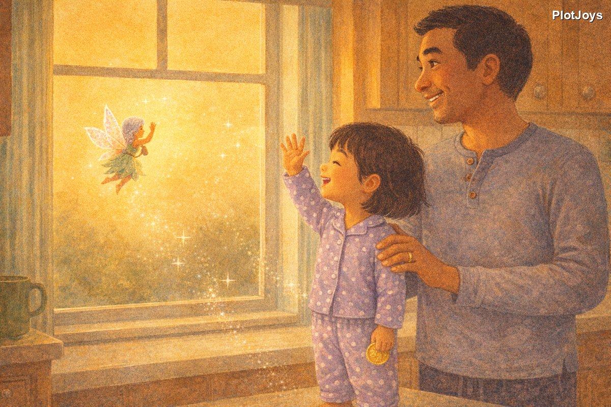 The fairy waving goodbye into morning light, JiaLin with a coin and Dad with a treasure