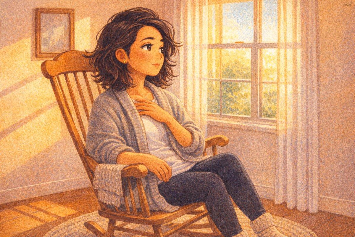 Dao sitting in a rocking chair beside a window, one hand resting on her chest, eyes soft and faraway. The room is warmly