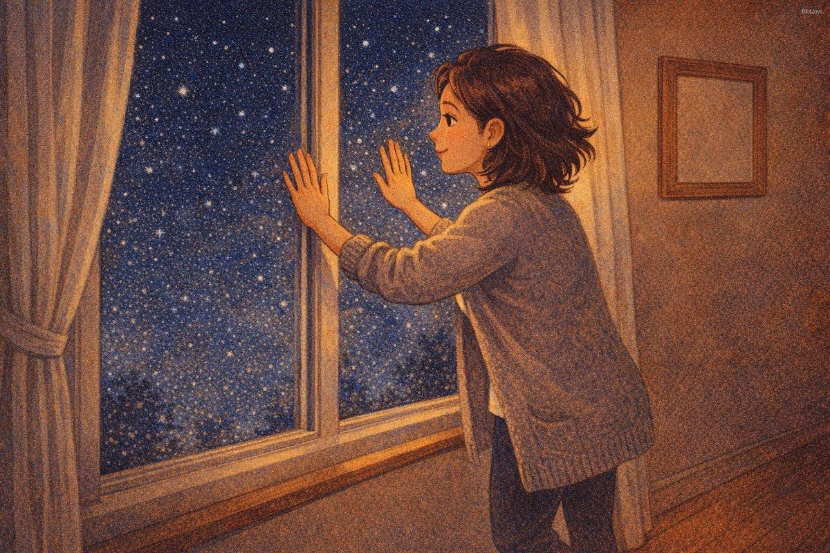 Dao standing at the same window, both hands pressed flat against the glass, leaning slightly forward. Outside the window