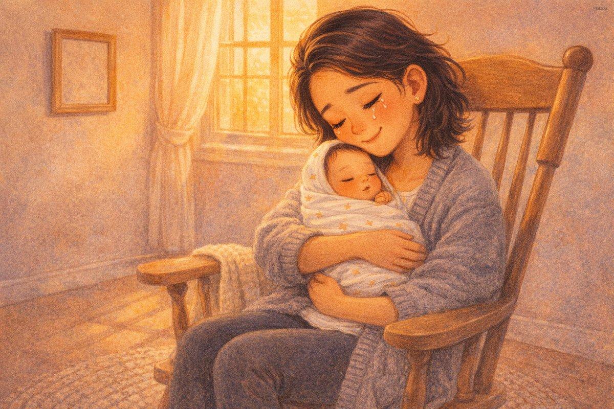 Dao sitting in the same rocking chair, now holding baby JiaLin against her chest. JiaLin is tiny, swaddled, eyes barely 