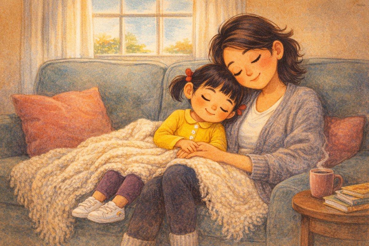 Present-day JiaLin (age 5) and Dao curled together on a big couch under a soft blanket, JiaLin tucked into Dao's side, b