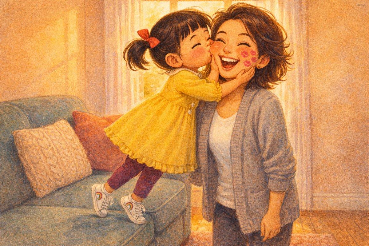 JiaLin standing on tiptoes on the couch cushion, both hands on Dao's cheeks, planting a big kiss on Dao's left cheek. Da