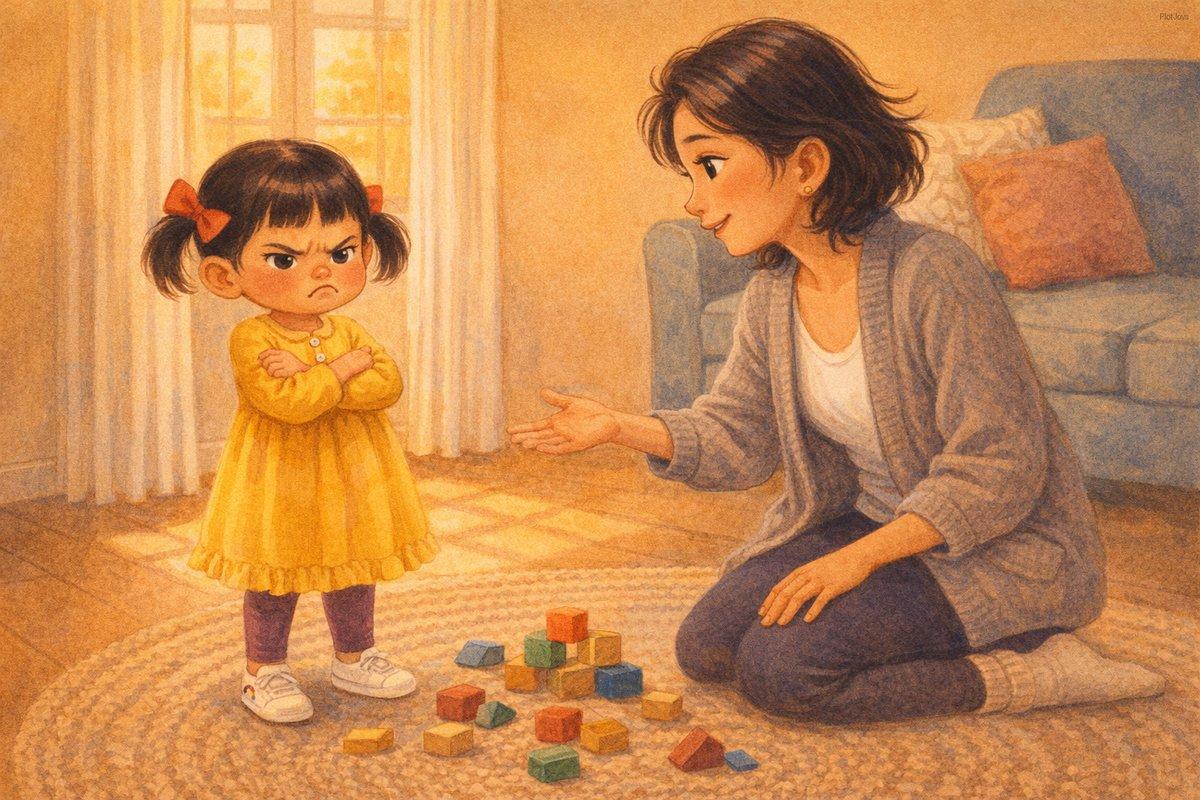 JiaLin standing in the middle of the living room, arms crossed tight, eyebrows scrunched down fiercely, lower lip pushed