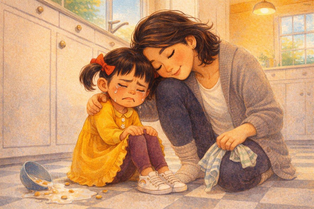 JiaLin sitting on the kitchen floor, tears streaming down her cheeks, a spilled bowl of cereal and milk pooled around he