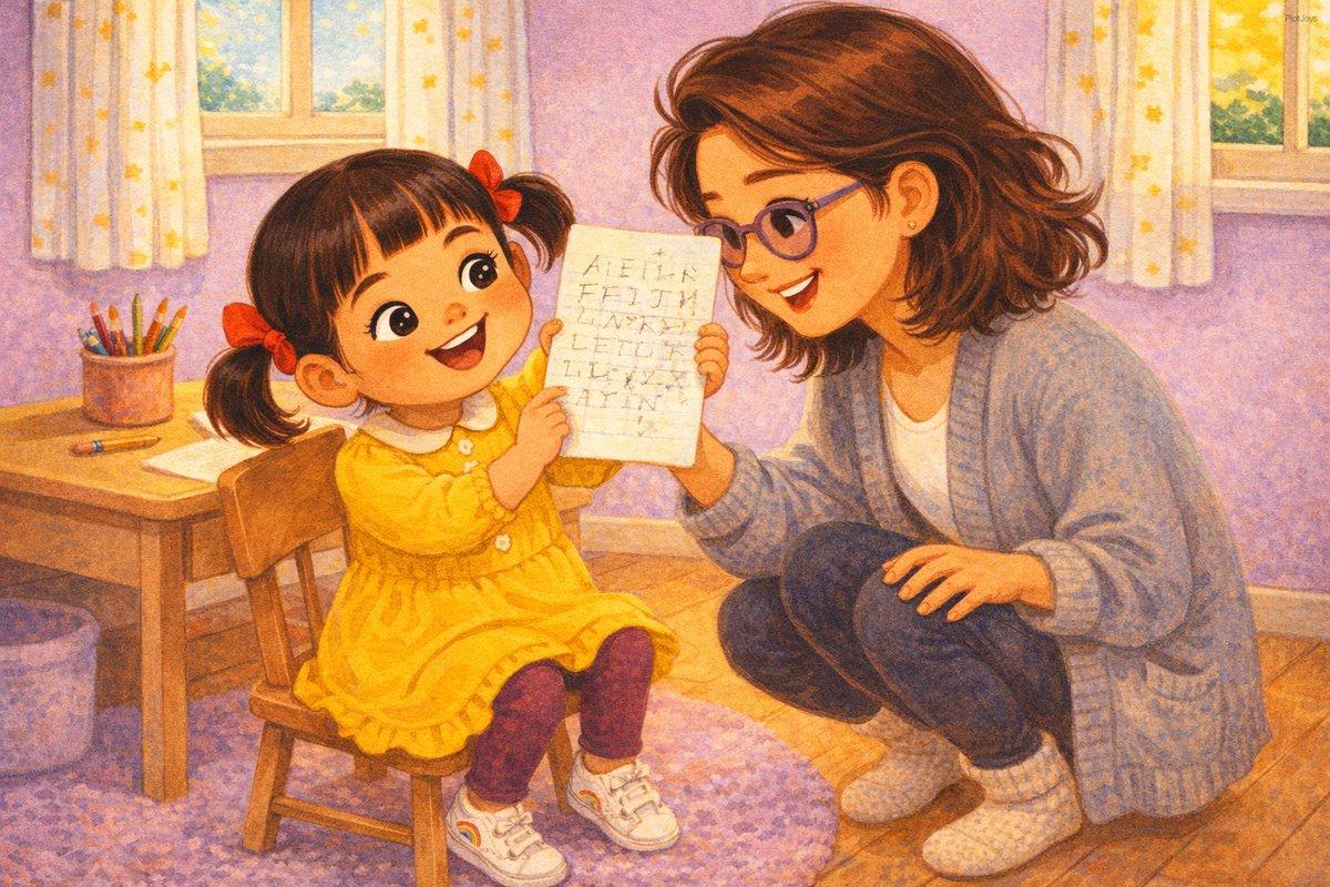 JiaLin at a small desk, pencil in hand, homework paper in front of her with visible effort — some erased marks, some nea