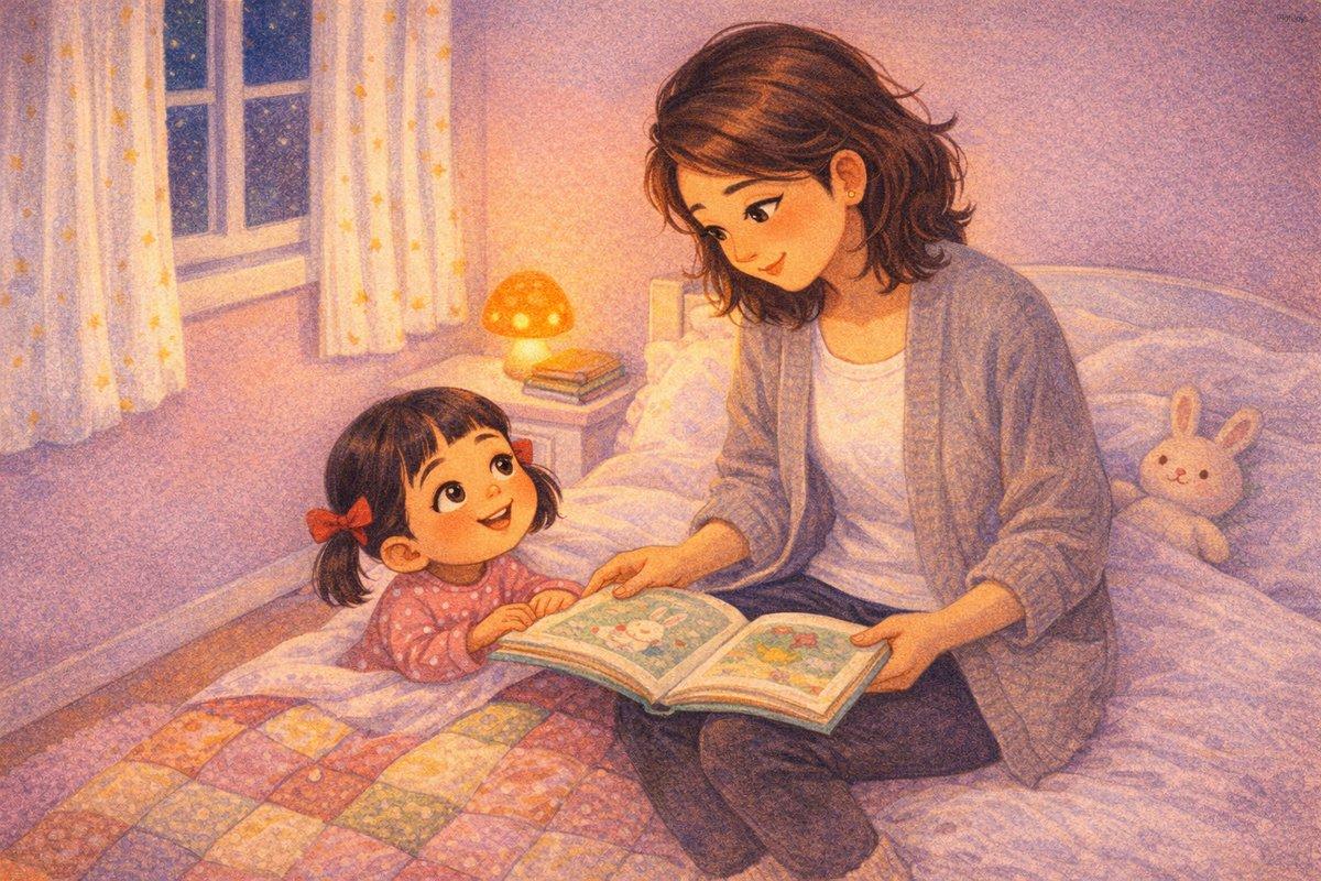 Bedtime. JiaLin in pajamas, tucked in bed, holding the edge of a well-worn picture book up toward Dao. Dao sitting on th