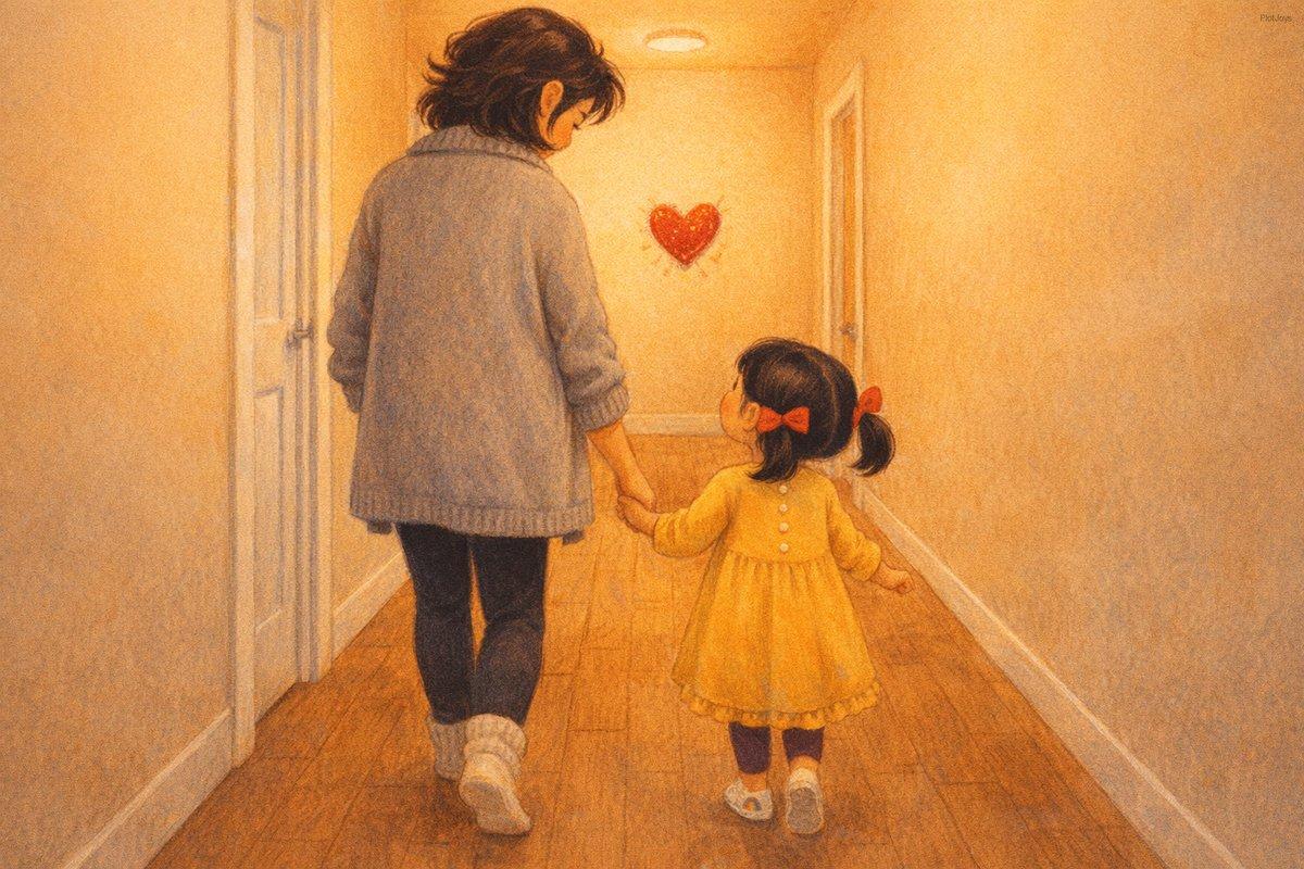 Dao and JiaLin walking hand in hand down their hallway at home, seen from behind. The hallway wall is visible beside the