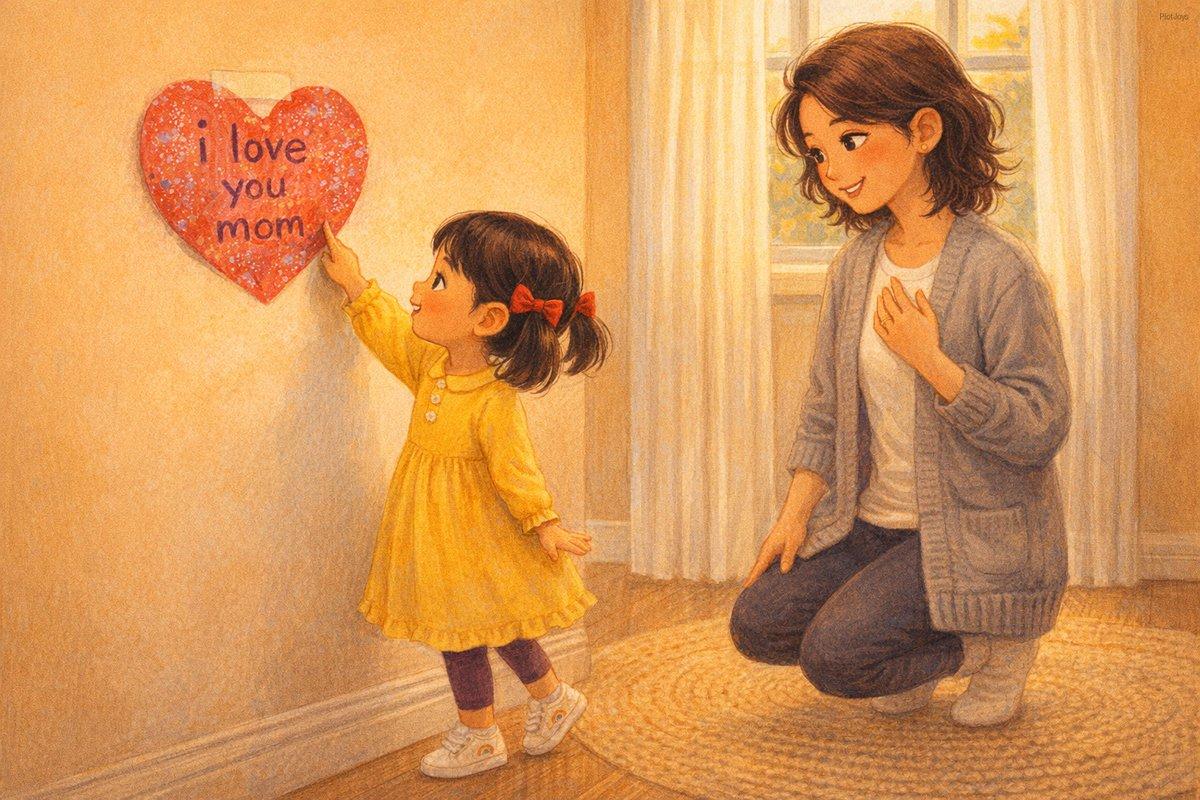 JiaLin standing on tiptoes, one hand reaching up to touch the heart on the wall, fingertip on the letter 'i' of her hand